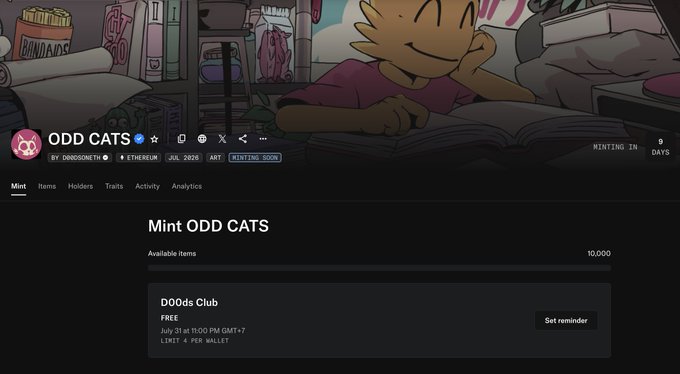 Screenshot of an NFT minting page for 'ODD CATS' by DOODSNET, showing a free mint for 'DO0ds Club' limited to 4 per wallet, minting soon in 9 days.