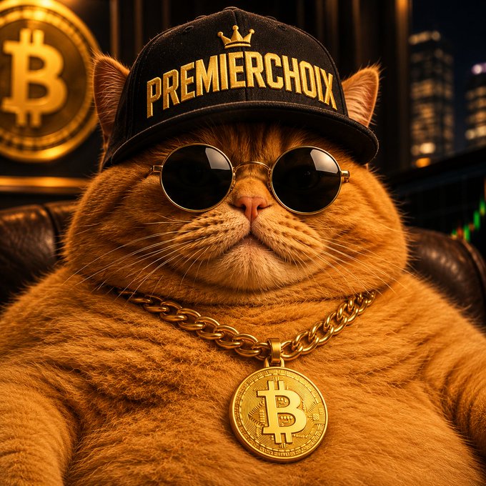 A stylized image of an orange cat wearing a black 'PREMIERCHOIX' cap, round sunglasses, and a large gold Bitcoin chain, sitting in front of a Bitcoin logo and a city skyline backdrop.