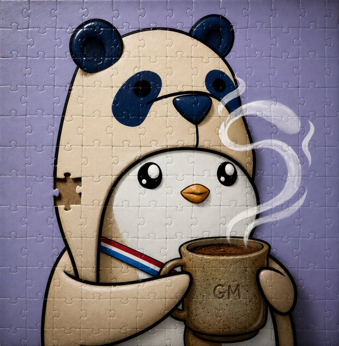 An illustrated puzzle featuring a cute cartoon penguin with a French flag ribbon around its neck, holding a steaming cup labeled 'GM' while a larger panda hugs it from behind.