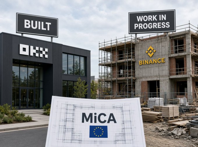 The image depicts OKX's completed headquarters labeled "BUILT" alongside Binance's construction site marked "WORK IN PROGRESS," with a blueprint labeled "MiCA" and an EU flag in the foreground. The post highlights that OKX secured its European MiCA license well ahead of competitors like Binance, who are still scrambling to meet regulatory deadlines—capturing the smug satisfaction of being early to compliance.