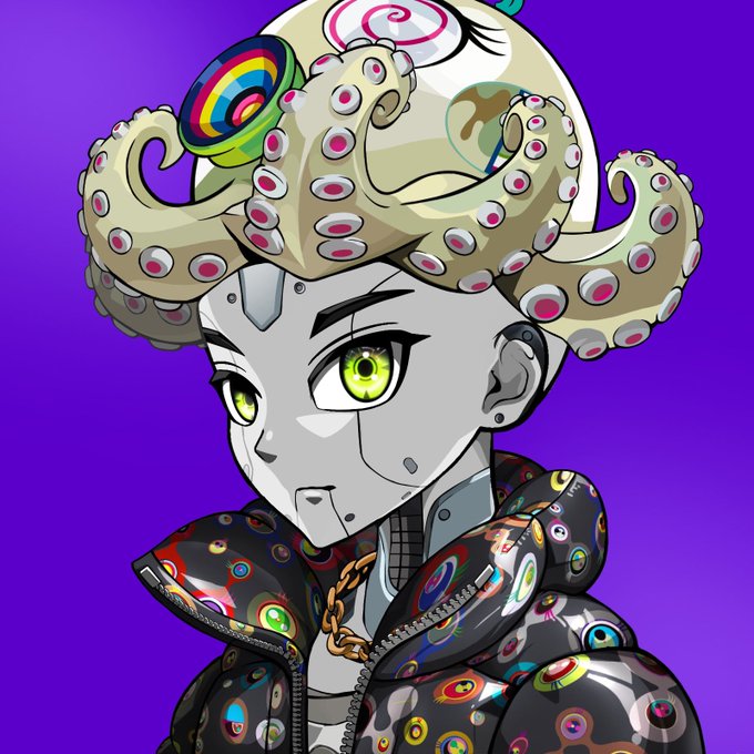 Digital anime-style illustration of a robotic/android character with octopus-like tentacle hair, large green eyes, and a colorful patterned jacket against a purple background.