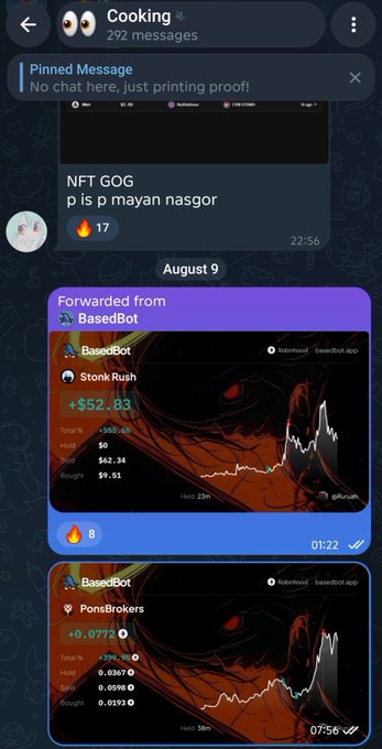 Telegram chat screenshot in a 'Cooking' group showing a message 'NFT GOG p is p mayan nasgor' with 17 reactions, followed by forwarded BasedBot screenshots for 'Stonk Rush' (PumpFun) and 'PonsBrokers'.