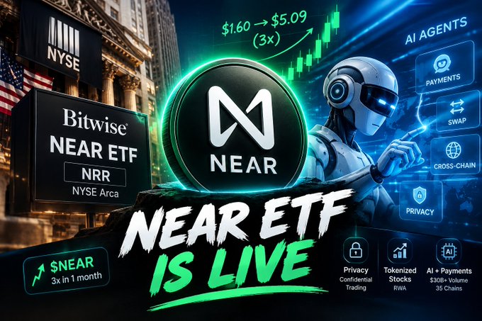 A promotional graphic announcing 'NEAR ETF IS LIVE' featuring the Bitwise NEAR ETF (NRR) on NYSE Arca, with text highlighting '$NEAR 3x in 1 month' and features like AI Agents, Privacy, Tokenized Stocks, and Cross-Chain.