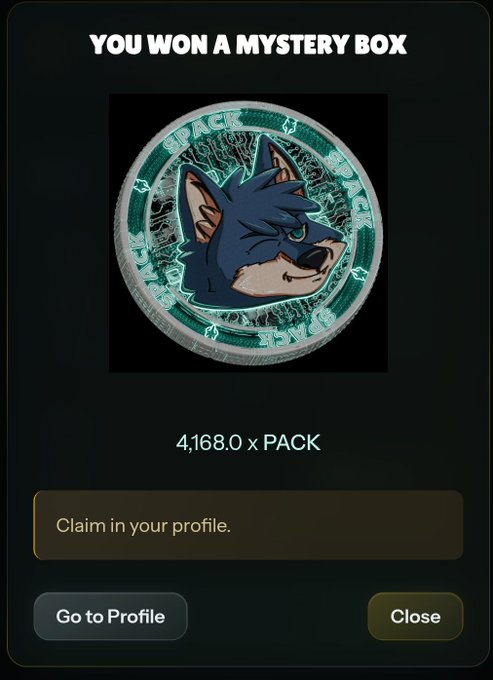 A digital 'YOU WON A MYSTERY BOX' screen displaying a green-themed coin or badge featuring an illustration of a dark wolf/dog character, with text showing '4,168.0 x PACK'.
