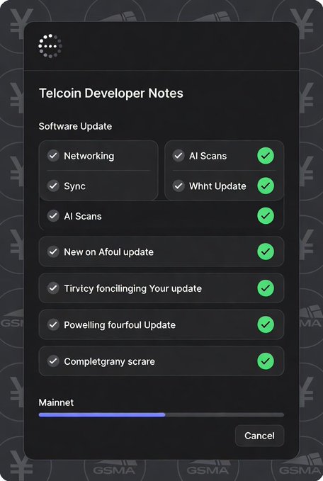The image shows a screen with information about a developer named TelCoin Developers, which features a software update list for their latest release. The display provides details of major network updates, compatibility scans, and system validation checks that are currently active on Mainnet networks. The main focus is on progress towards the full Mainnet dominance of TelCoin Developer Networks in the upcoming months, with smart holders closely watching the development process to gain optimal performance from these updates.