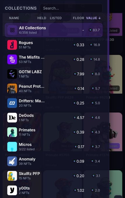 A screenshot of an NFT portfolio 'Collections' dashboard listing holdings such as Rogues (51 NFTs), The Misfits (53 NFTs), GOTM LABZ, DeGods, Primates, and others with their respective floor values in ETH.
