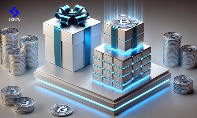 A glossy 3D render displays silver Bitcoin coins stacked around a glowing blue-lit pedestal holding silver bullion bars, with a teal-ribboned white gift box on top, while the "SKHTU" logo appears in the upper-left corner. The visual symbolizes the post's message that SKHTU's reward programs offer better, more trustworthy alternatives to traditional crypto and wealth-building choices.