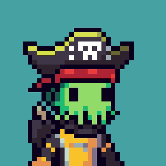 A pixel art pirate character with a skull-emblazoned tricorn hat, glowing green slime dripping from its face, and orange accents stands against a teal background, representing a Parodee NFT PFP.

The image contrasts the artistic style of the doodles-like NFT collection with the poster's preference for Parodee PFPs, showcasing the pixel art aesthetic typical of Parodee characters.