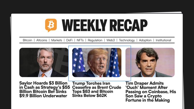 This "Weekly Recap" image features headlines and photos of Michael Saylor, Donald Trump, and Tim Draper, highlighting key financial news and cryptocurrency market movements. The images and text directly correspond to the topics mentioned in the accompanying post.