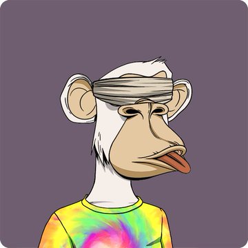 The image features a cartoon monkey wearing a tie-dye shirt with a tie-dye pattern of yellow, green, blue, and purple colors. The monkey has a bandage wrapped around its head, suggesting that it might be injured or in need of medical attention. The caption reads "for BAYC, the utility is ownership for BAYC, the utility is membership", which could possibly be an autograph from a fan or someone who supports the cartoon character.