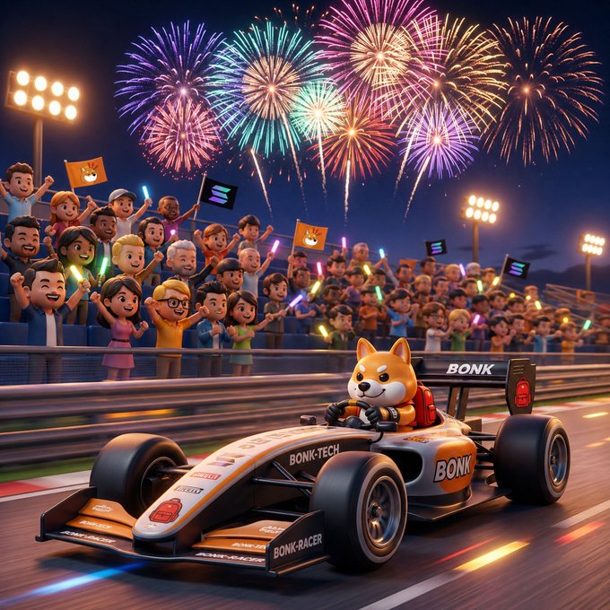 A vibrant 3D-rendered scene of a Shiba Inu dog racing a 'BONK'-branded Formula 1-style race car on a track, with a cheering crowd and colorful fireworks in the night sky.