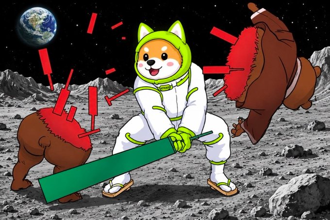 A Shiba Inu in a spacesuit wields a green bat on the lunar surface, striking two bears—one on Earth in the background and one on the moon—symbolizing "$ASTEROID" smashing through bearish resistance in the market.