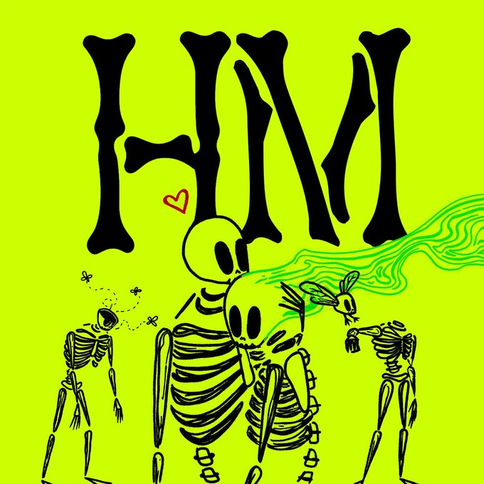 An illustration featuring three skeletons against a vibrant neon yellow background, with bold black text reading "HYNA" and a small red heart, alongside green wavy line details.