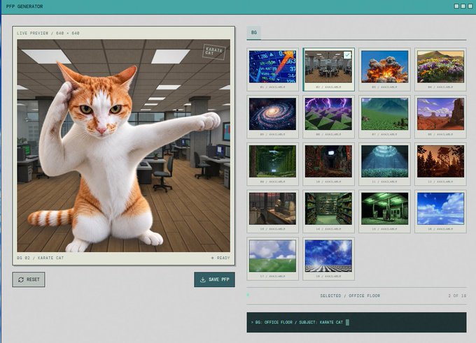 A profile picture (PFP) generator interface displaying a 640x640 preview of an orange and white "Karatic Cat" doing a dab pose in an office setting, with BG selected as "Office Floor" (2 of 16). The right panel shows 16 available background options including galaxy, mountain, and sky scenes, while the bottom displays "SAVE PFP" and "RESET" controls with the path "BG: OFFICE FLOOR > SUBJECT: KARATIC CAT."