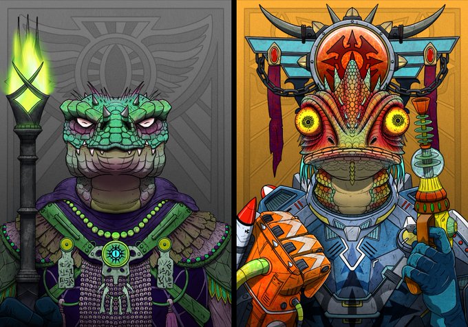 A detailed digital illustration of two anthropomorphic reptilian warrior characters side by side, one holding a green torch and the other a weapon with ornate tribal armor.