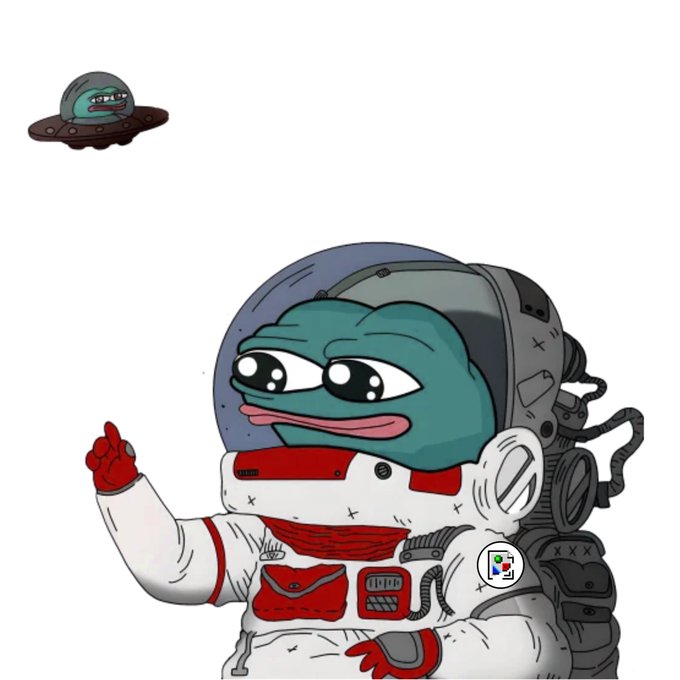 A cartoon Pepe the Frog dressed as an astronaut pointing at a small UFO with a smaller Pepe inside.