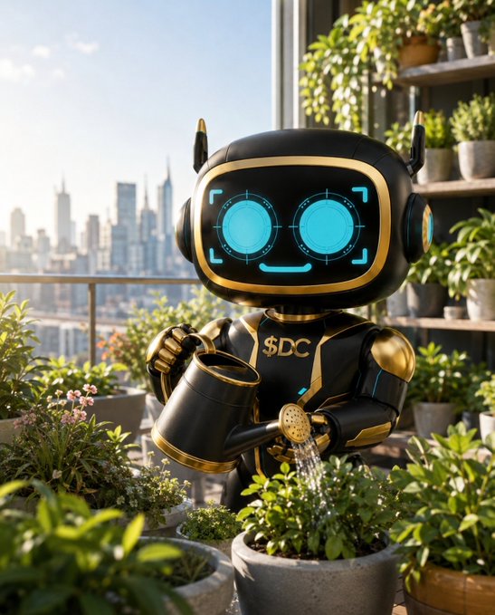 A black and gold robot with glowing blue eyes labeled "$DC" waters plants on a balcony overlooking a city skyline.