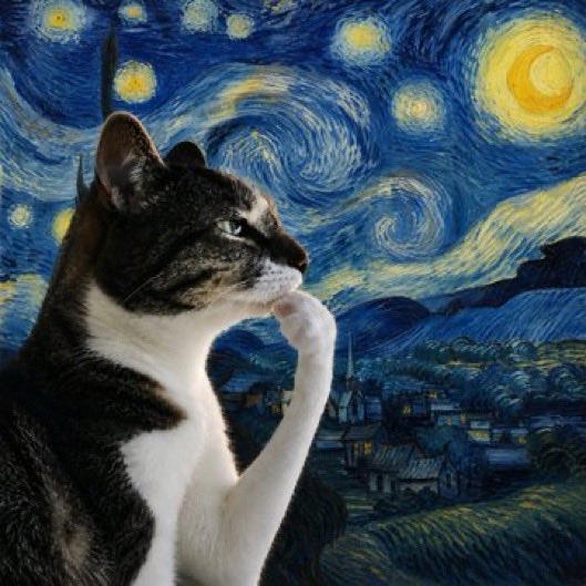 A tabby cat poses in profile in front of Vincent van Gogh's painting 'The Starry Night.'