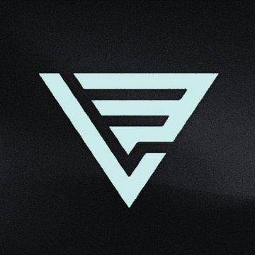 A minimalist logo featuring a light blue geometric 'F' or triangular shape on a black background.