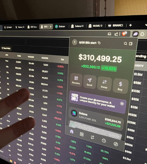 A finger points at a computer screen showing a crypto trading dashboard with a portfolio valued at $310,499.25, up +$32,590.13 (+10.52%), with 2,001.71461 SOL shown alongside the Solana logo. The image visually reinforces the post's message about copytrading and profiting from memecoins, showcasing the kind of portfolio gains the author promises readers can achieve by following their copytrading strategy.