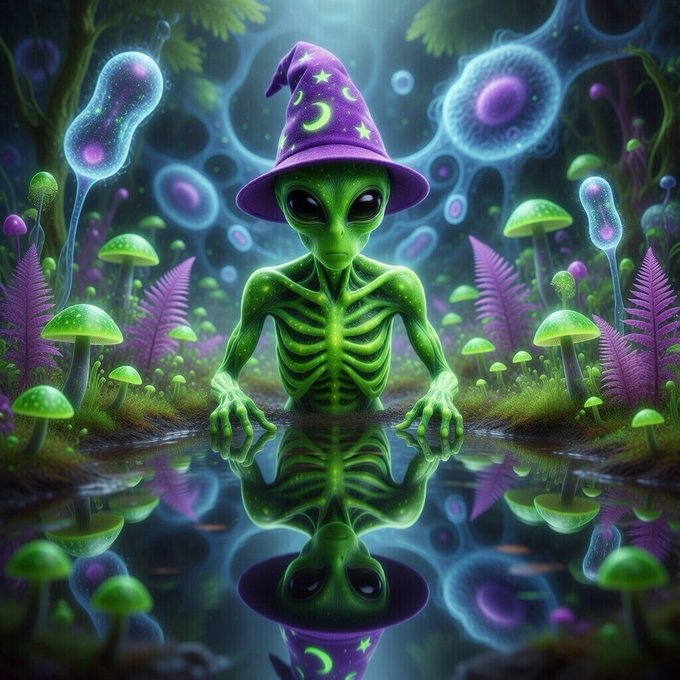 The image features a green alien with a purple hat, standing in front of a body of water surrounded by mushrooms. The alien appears to be looking at its reflection in the water, creating an interesting visual effect. The background consists of various mushroom-like objects scattered throughout the scene, adding depth and complexity to the overall composition.