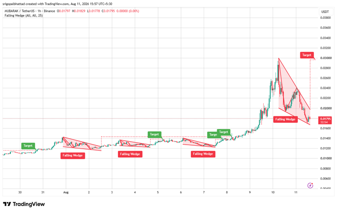 TradingView candlestick chart for KUB/USDT (KuCoin) on a 1h timeframe dated August 11, 2026, displaying multiple annotated "Falling Wedge" patterns with corresponding target levels around 0.01800-0.03000 USDT.
