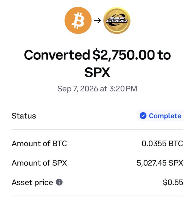 A transaction confirmation showing 0.0355 BTC converted to 5,027.45 SPX at $0.55 per token, completed on September 7, 2026. The swap details support the post about exchanging Bitcoin for the SPX6900 token.
