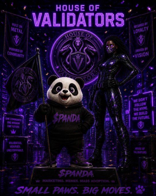 A panda mascot wearing a "$PANDA" hoodie stands beside a figure in a sparkly black bodysuit, holding a "House of Validators" flag against a neon purple backdrop with banners reading "Built on Metal," "Secured by Loyalty," and "Driven by Vision." The image promotes the introduction of $PANDA, a new community-driven token launched through the House of Validators (HOV) platform, with the tagline "Small Paws. Big Moves." emphasizing its marketing and meme-driven mission.