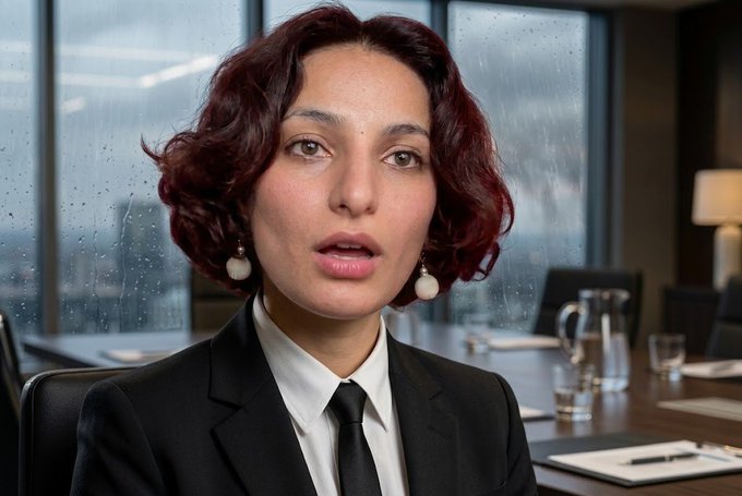 A woman with wavy burgundy hair, wearing a black suit, white shirt, and black tie, sits in a modern office boardroom with rain-streaked windows behind her.