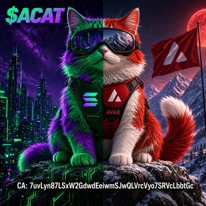 Promotional crypto artwork titled '$ACAT' showing a split-themed cat wearing sunglasses and a tactical vest with Solana and AVAX logos, with the contract address 'CA: 7uvLyn87LSxW2GdwdEeiwmSJwQLVrcVyo7SRVcLbbtGc'.