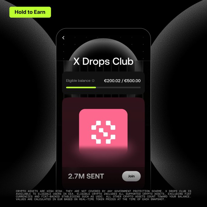 A promotional image for the X Drops Club "Hold to Earn" program on OKX, featuring a mobile app screen that displays an eligible balance progress bar (€200.02 / €500.00) and highlights the "2.7M SENT" prize pool with a Join button. The design uses a dark background with a pink gradient card and a green "Hold to Earn" tag, visually reinforcing the post's announcement of the SentientAGI ($SENT) airdrop campaign.