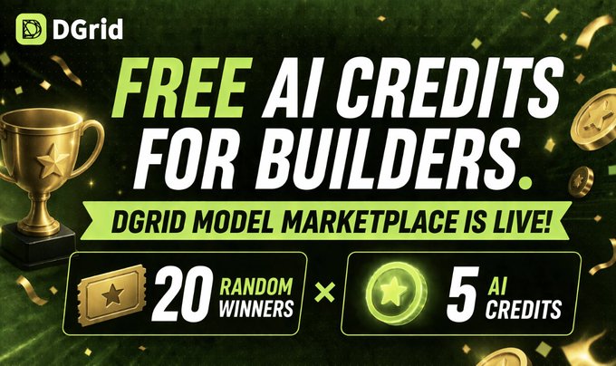 A DGrid promotional graphic advertises a giveaway offering 20 random winners 5 AI credits each to celebrate the launch of the DGrid Model Marketplace, featuring a gold trophy and falling coins on a dark green background. The banner highlights the same contest details as the post—including the follow, like, RT, and tag requirements with the July 28, 2026 UTC deadline.