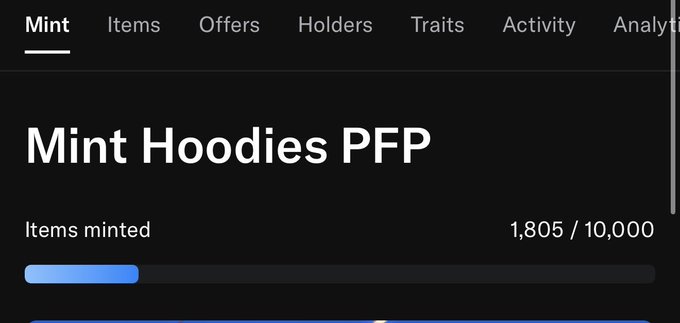 A dark-themed interface showing a 'Mint' tab for 'Mint Hoodies PFP' with an items minted counter at 1,805 / 10,000 and a blue progress bar.