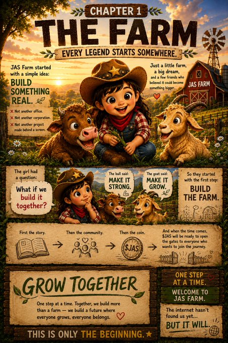 Illustrated promotional poster titled 'THE FARM - CHAPTER 1 - EVERY LEGEND STARTS SOMEWHERE' featuring a cartoon girl with a cowboy hat and two animal friends (a cow and a goat), with the JAS Farm logo and a storyline about building a farm, ending with the text 'THIS IS ONLY THE BEGINNING'.