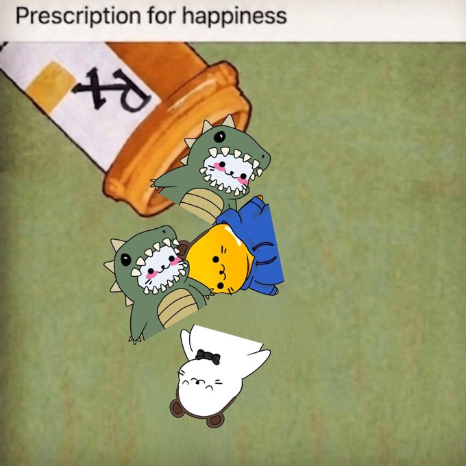 An illustration captioned "Prescription for happiness" shows cartoon dinosaur characters and a small white creature next to a tipped-over prescription bottle marked "Rx" on a tatami mat background.