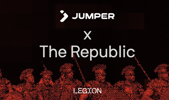 The image is a promotional graphic announcing a collaboration between Jumper and The Republic, set against a dark background with red-toned pixelated illustrations of legionnaire figures holding spears. It features the "JUMPER" logo at the top, "X The Republic" prominently in the center, and "LEGION" branding at the bottom, advertising the Jumper ($JUMP) presale and waitlist campaign hosted by The Republic on the Legion platform.