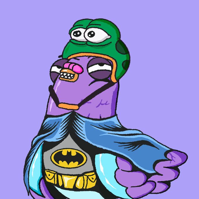 A cartoon illustration of a purple character wearing a green frog hat and a Batman-style costume with blue cape and yellow bat logo against a purple background.