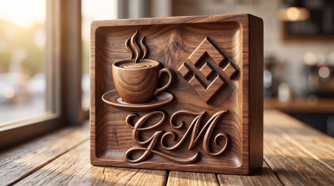 A wooden carved sign on a table depicts a steaming coffee cup, a decorative emblem, and the cursive letters "GM" against a blurred cafe background.