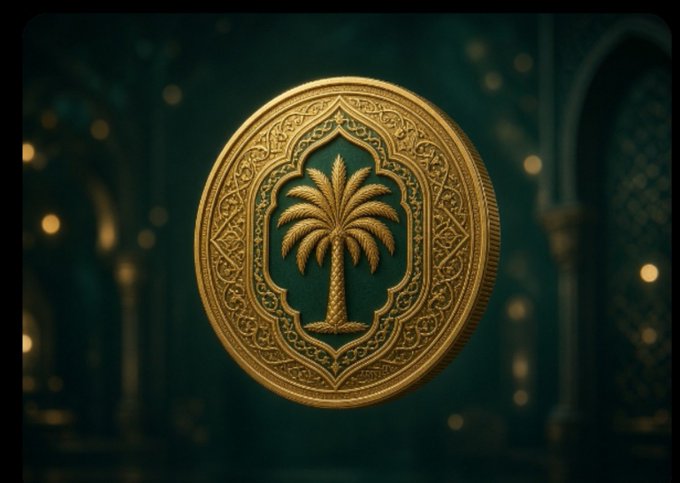 A golden coin featuring an ornate palm tree design floats against a blurred architectural backdrop, evoking themes of Middle Eastern luxury and tradition. The image complements the post's tone of anticipation, suggesting a valuable, treasure-like asset ($TANSIQ) whose details—supply, tokenomics, and listings—remain unrevealed treasures yet to be unveiled.