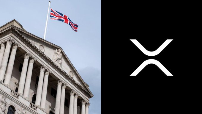 The image shows the UK Parliament building with the Union Jack flag flying at half-mast alongside the XRP logo, symbolizing the potential integration of government-backed climate finance bonds onto the XRP Ledger as announced.