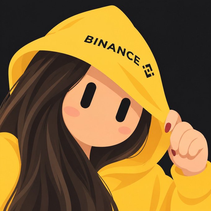 A digital illustration of a girl with long dark hair wearing a yellow hoodie with 'BINANCE' and the Binance logo printed on the hood, holding the edge of the hood against a black background.
