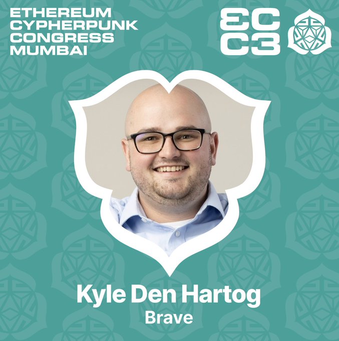A profile graphic for 'ETHEREUM CYPHERPUNK CONGRESS MUMBAI' featuring a headshot of a smiling bald man with glasses. The text identifies him as 'Kyle Den Hartog' from 'Brave'.