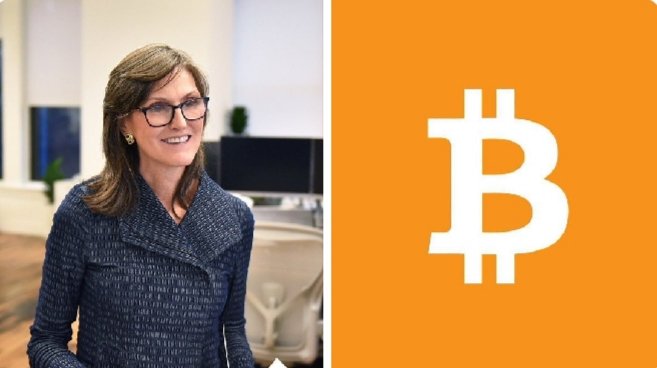 Cathie Wood appears smiling on the left of the image, paired with a large Bitcoin (₿) logo on an orange background on the right, visually representing her bullish call for investors to rotate from gold into Bitcoin.