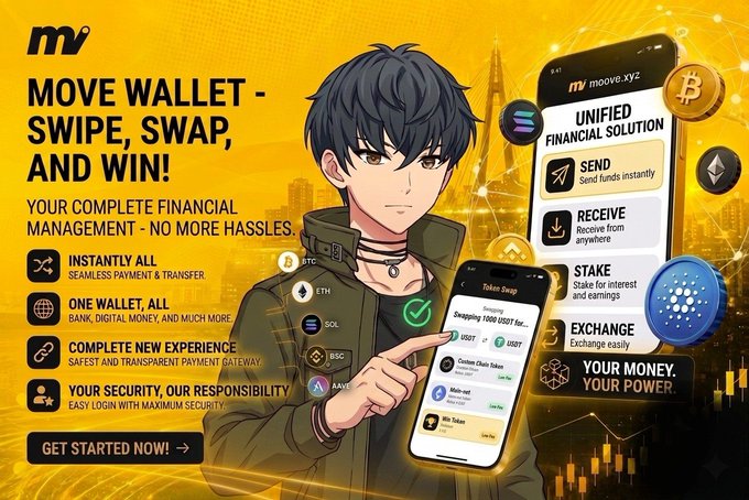 An anime-style character in a green jacket showcases the Move Wallet (moove.xyz) app, with screenshots highlighting features like "Token Swap," "Unified Financial Solution" (Send, Receive, Stake, Exchange), and supported tokens including BTC, ETH, SOL, BSC, and ADA. The ad promotes seamless cross-chain crypto management, directly tying into the post's praise of Moove's streamlined swapping across 30+ blockchains without the hassle of traditional bridges.