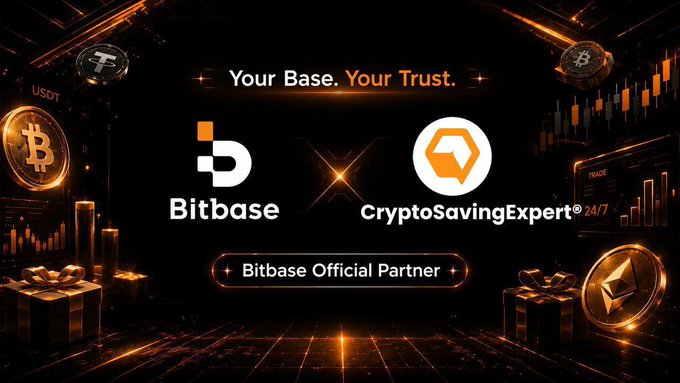 Bitbase and CryptoSavingExpert 24/7 have announced an official partnership, featuring a promotional banner highlighting "Bitbase Official Partner" with the tagline "Your Base. Your Trust," surrounded by visual elements of Bitcoin, USDT, Ethereum, and gift boxes symbolizing the bonus offer.