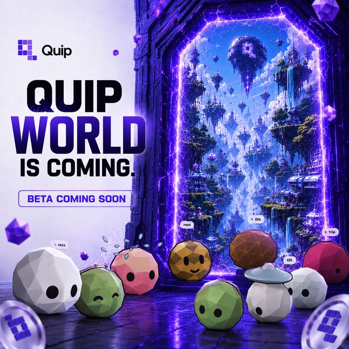 A promotional graphic for "Quip World" featuring the Quip logo and bold text reading "QUIP WORLD IS COMING" with a "BETA COMING SOON" button, set against a vibrant purple portal revealing a fantastical floating landscape, while a lineup of cute, geometric "rock" characters named "vexx," "rock," "Olla," "tiji," and "t2k" gather in the foreground, bringing the upcoming Web3 gaming community to life as teased in the post.