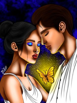 A stylized digital illustration showing a couple in an intimate pose with closed eyes, featuring a glowing yellow butterfly between them against a dark starry background.