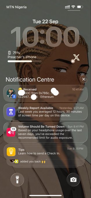 An iPhone lock screen screenshot showing 'MTN Nigeria' carrier, time 10:00 on Tue 22 Sep, with a Notification Center displaying messages including a received text from 'Preacher's iPhone', a Weekly Report about screen time, and a Volume recommendation.
