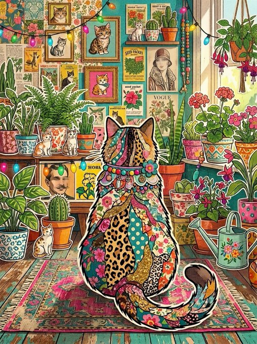 A highly detailed, colorful digital artwork of a patchwork cat sitting in a vibrant, plant-filled room decorated with cat portraits, string lights, and various potted flora.