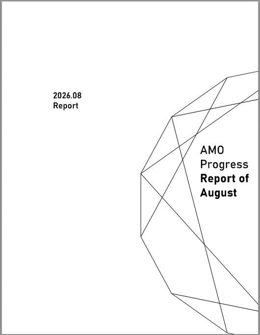 A minimalist report cover page with text '2026.08 Report' and 'AMO Progress Report of August' alongside a geometric line pattern on a light green background.